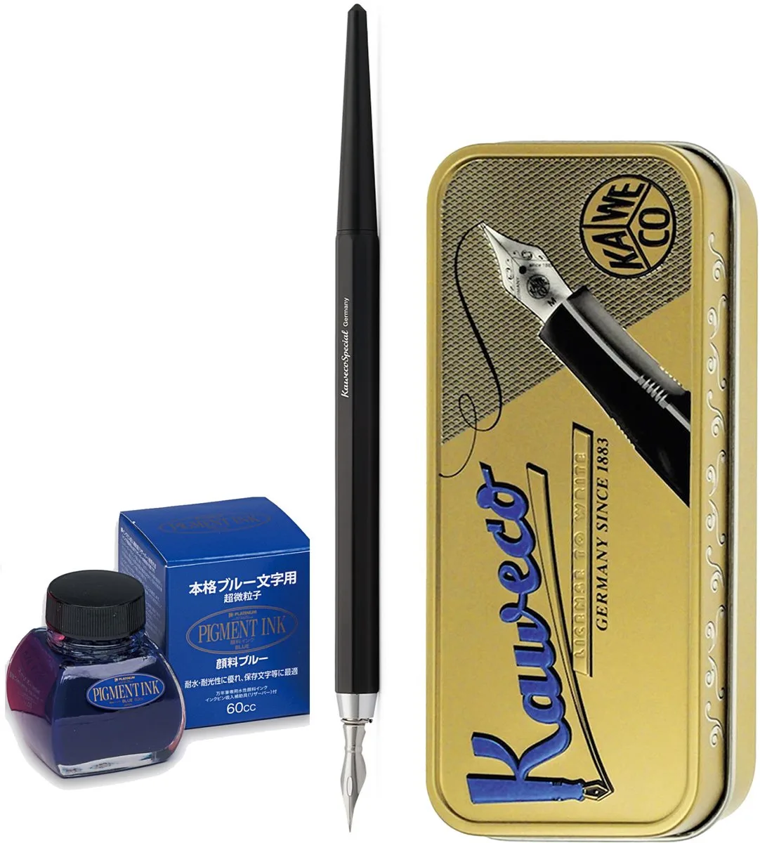 Fountain Pen - Special Dip Pen Black - in vintage blik - Potje Platinum Pigment ink 60cc Blue de Kaweco en Noir – photo produit