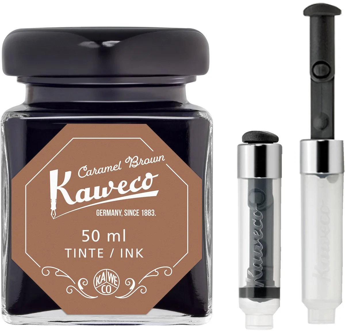 Ink bottle en Mini Converter inklapbaar - Caramel Brown - potje vulpeninkt - Bruine originele Kaweco-inkt in 50 ml glas fra Kaweco i Brun – produktbillede