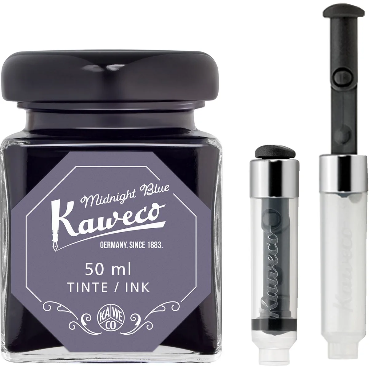 Ink bottle en Mini Converter inklapbaar - Midnight Blue - potje vulpeninkt - Midnight Blue originele Kaweco-inkt in 50 ml glas fra Kaweco i Blå – produktbillede
