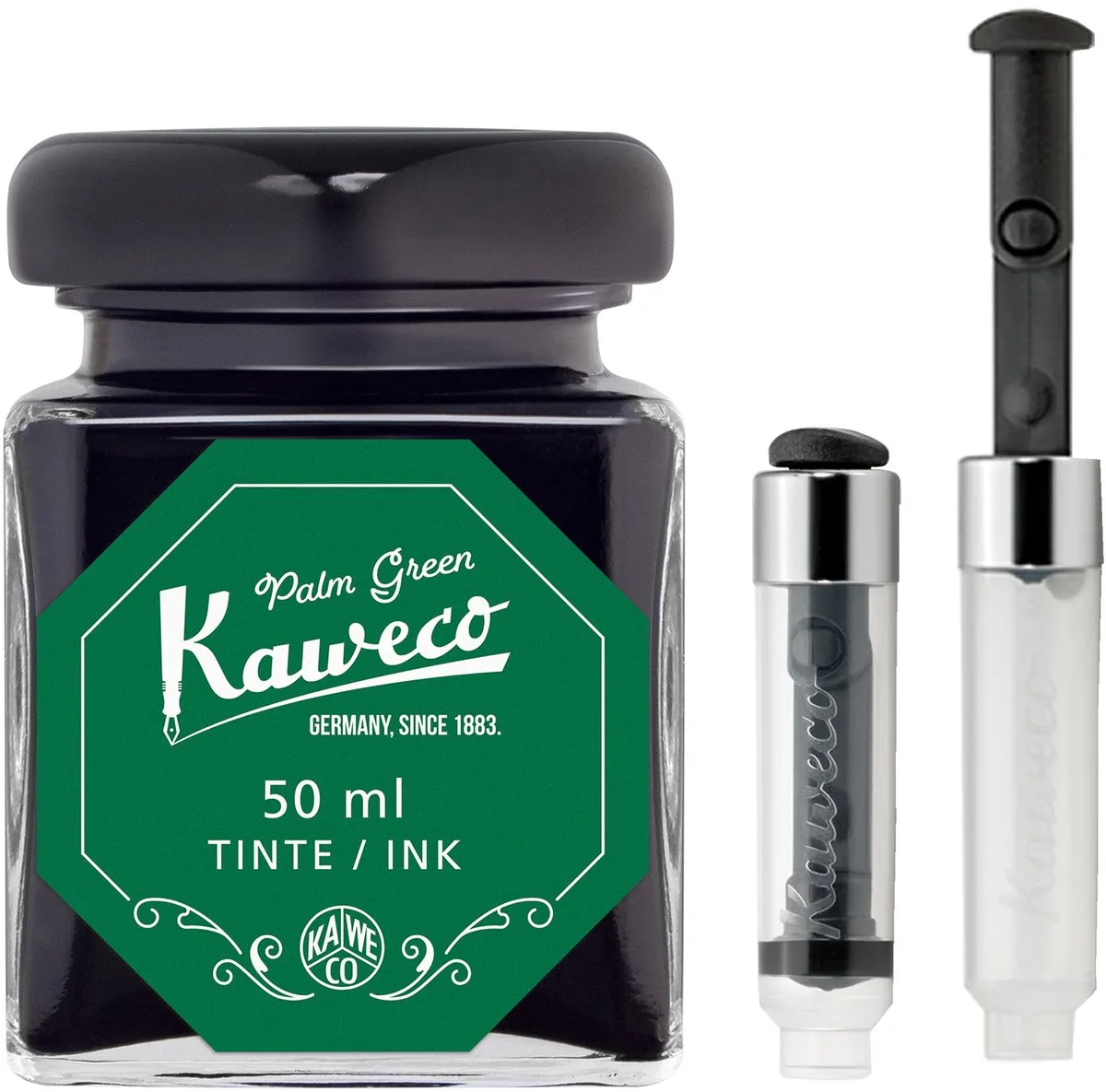 Ink bottle en Mini Converter inklapbaar - Palm Green - potje vulpeninkt - Groene originele Kaweco-inkt in 50 ml glas fra Kaweco i Grøn – produktbillede