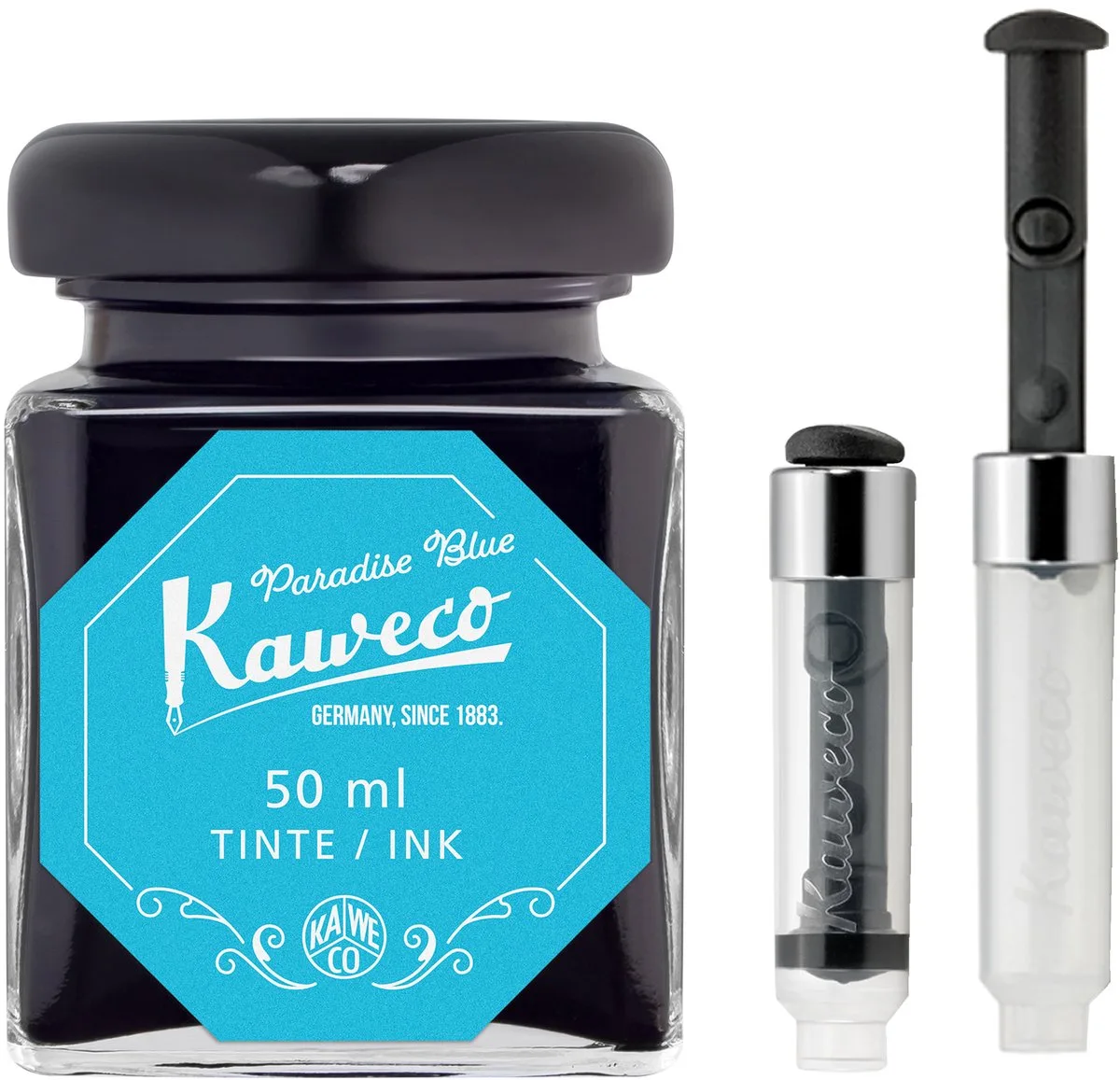Ink bottle en Mini Converter inklapbaar - Paradise Blue - potje vulpeninkt - Turkoise originele Kaweco-inkt in 50 ml glas fra Kaweco i Blå – produktbillede