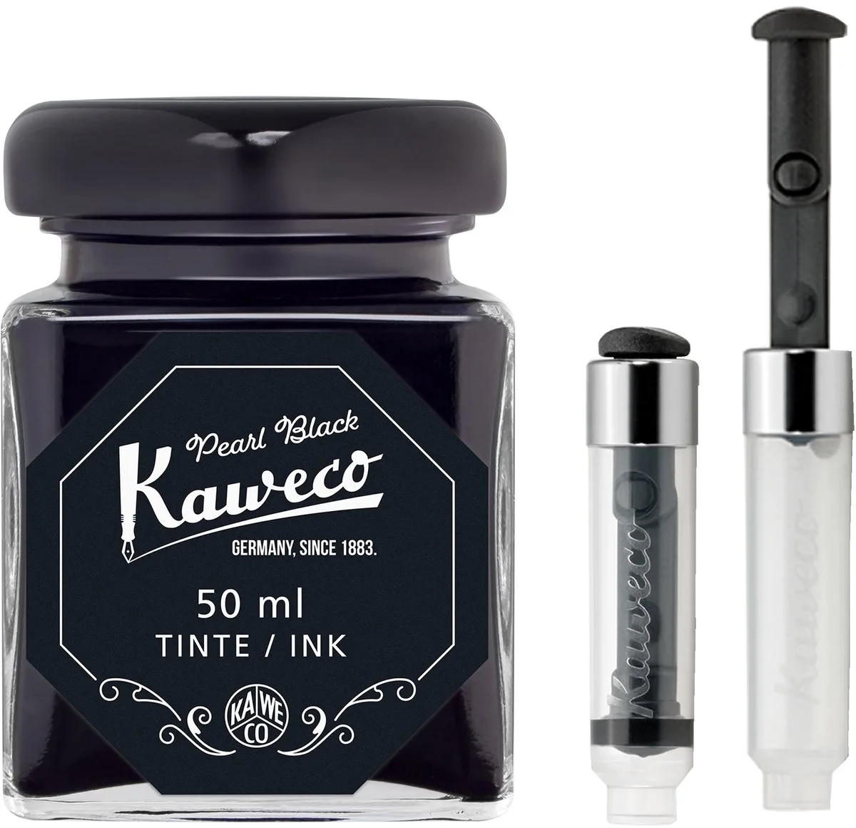 Ink bottle en Mini Converter inklapbaar - Pearl Black - potje vulpeninkt - Zwarte originele Kaweco-inkt in 50 ml glas fra Kaweco i Sort – produktbillede