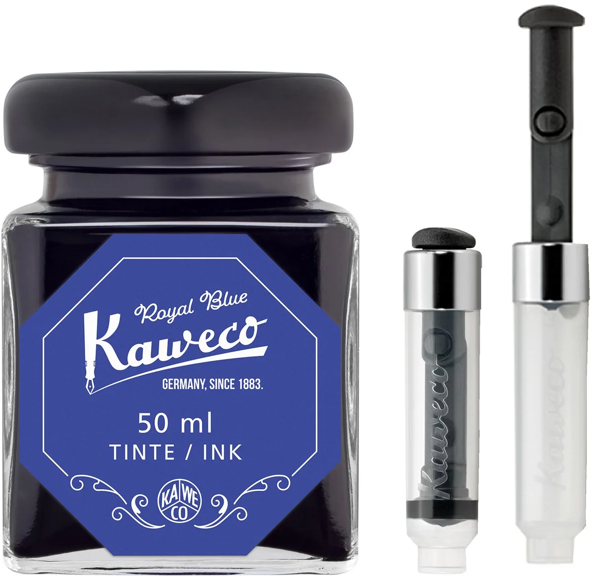 Ink bottle en Mini Converter inklapbaar - Royal Blue - potje vulpeninkt - Blauwe originele Kaweco-inkt in 50 ml glas fra Kaweco i Blå – produktbillede