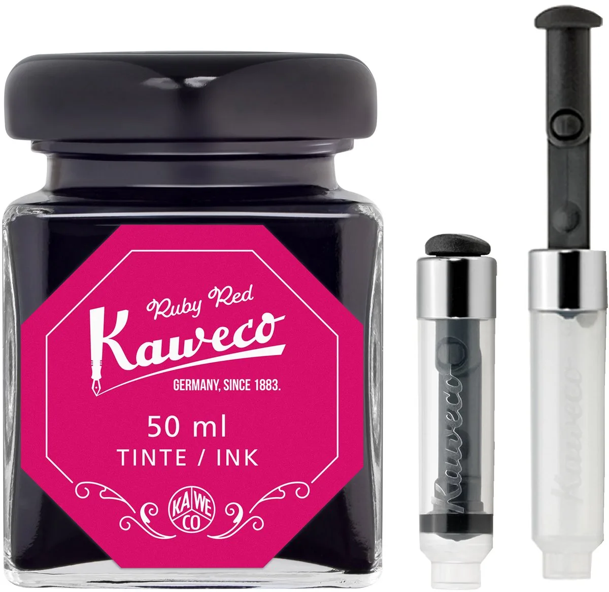 Ink bottle en Mini Converter inklapbaar - Ruby Red - potje vulpeninkt - Rode originele Kaweco-inkt in 50 ml glas fra Kaweco i Rød – produktbillede