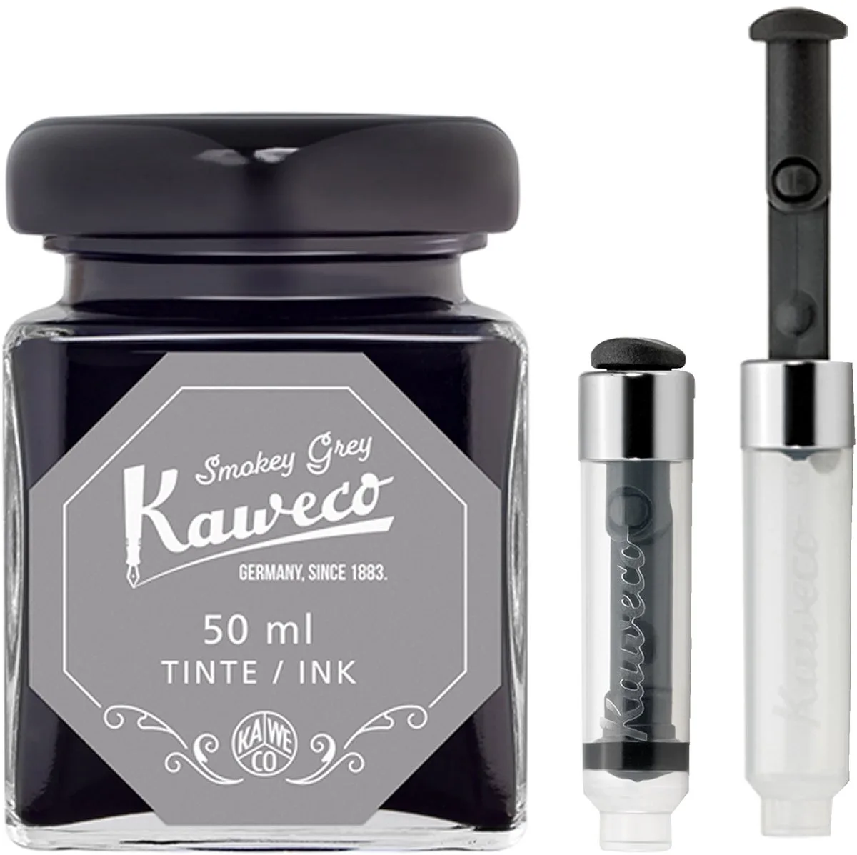 Ink bottle en Mini Converter inklapbaar - Smokey Grey - potje vulpeninkt - Grijze originele Kaweco-inkt in 50 ml glas fra Kaweco i Grå – produktbillede