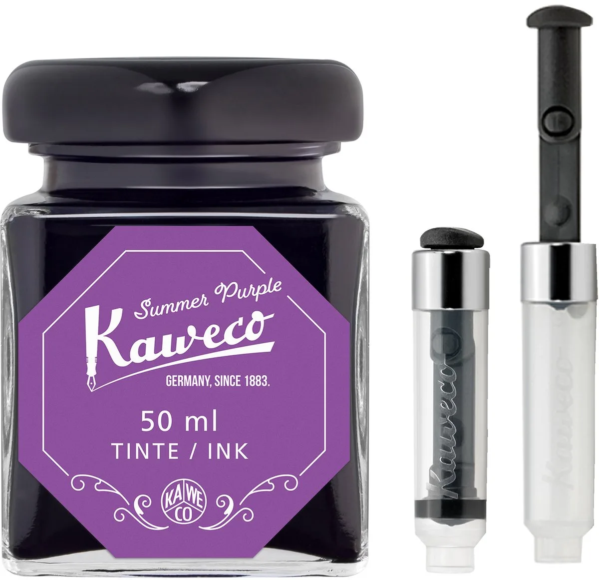 Ink bottle en Mini Converter inklapbaar - Summer Purple - potje vulpeninkt - Paarse originele Kaweco-inkt in 50 ml glas fra Kaweco i Lilla – produktbillede
