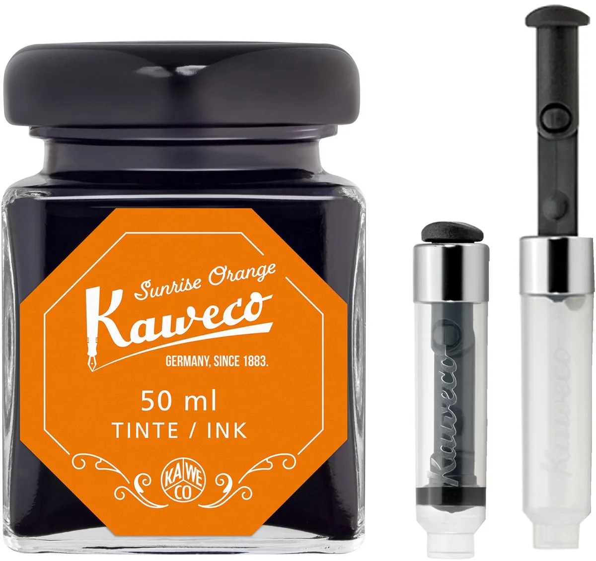 Ink bottle en Mini Converter inklapbaar - Sunrise Orange - potje vulpeninkt - originele Kaweco-inkt in 50 ml glas fra Kaweco i Orange – produktbillede