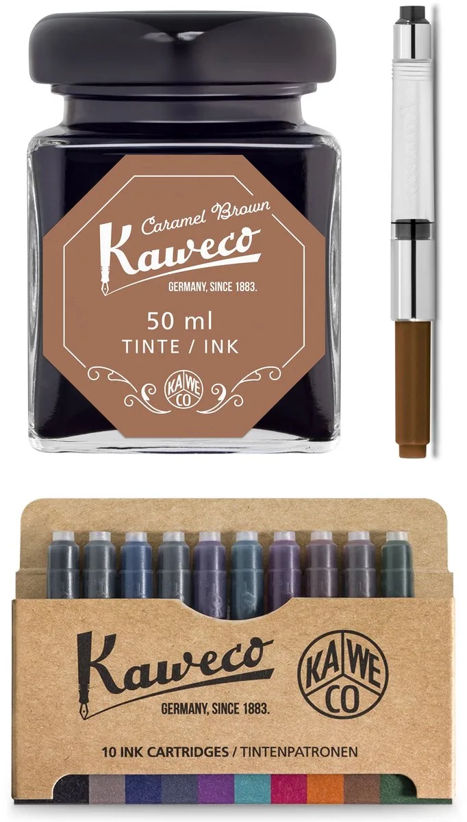 Ink bottle en Standaard Converter - Caramel Brown - potje vulpeninkt - Bruine originele Kaweco-inkt in 50 ml glas - Converter met bruine achterkant - doosje 10 patronen fra Kaweco i Brun – produktbillede