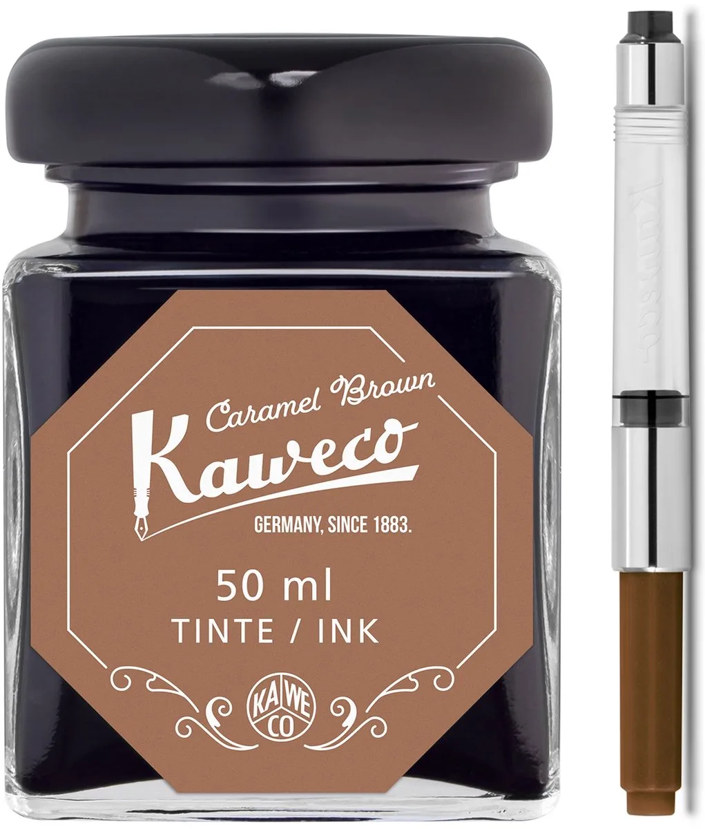 Ink bottle en Standaard Converter - Caramel Brown - potje vulpeninkt - Bruine originele Kaweco-inkt in 50 ml glas - Converter met bruine achterkant fra Kaweco i Brun – produktbillede