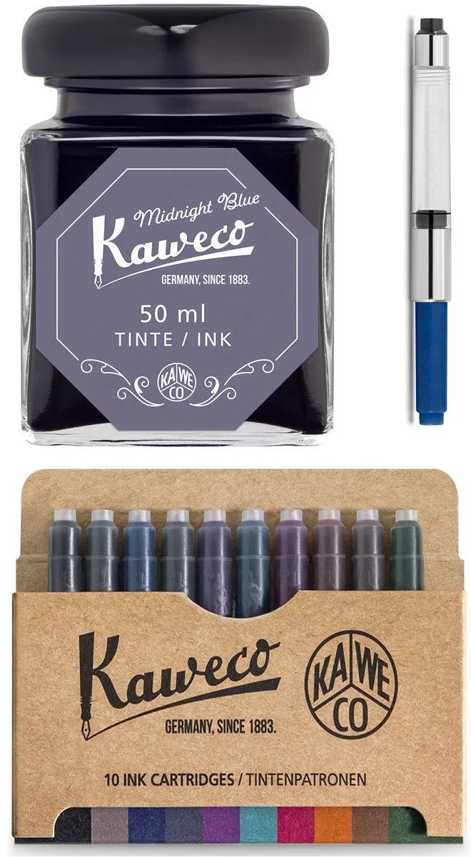 Ink bottle en Standaard Converter - Midnight Blue - potje vulpeninkt - Midnight Blue originele Kaweco-inkt in 50 ml glas - Converter met Midnight Blue achterkant - doosje 10 patronen fra Kaweco i Blå – produktbillede
