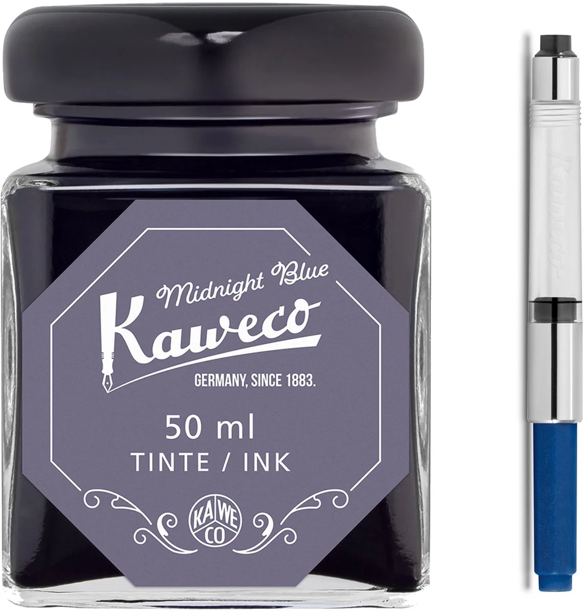 Ink bottle en Standaard Converter - Midnight Blue - potje vulpeninkt - Midnight Blue originele Kaweco-inkt in 50 ml glas - Converter met Midnight Blue achterkant fra Kaweco i Blå – produktbillede
