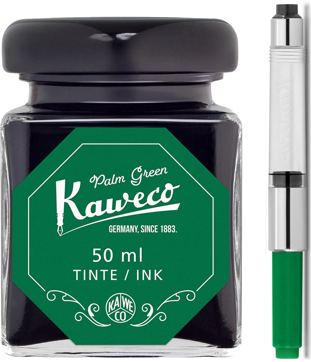 Ink bottle en Standaard Converter - Palm Green - potje vulpeninkt - Groene originele Kaweco-inkt in 50 ml glas - Converter met groene achterkant fra Kaweco i Grøn – produktbillede