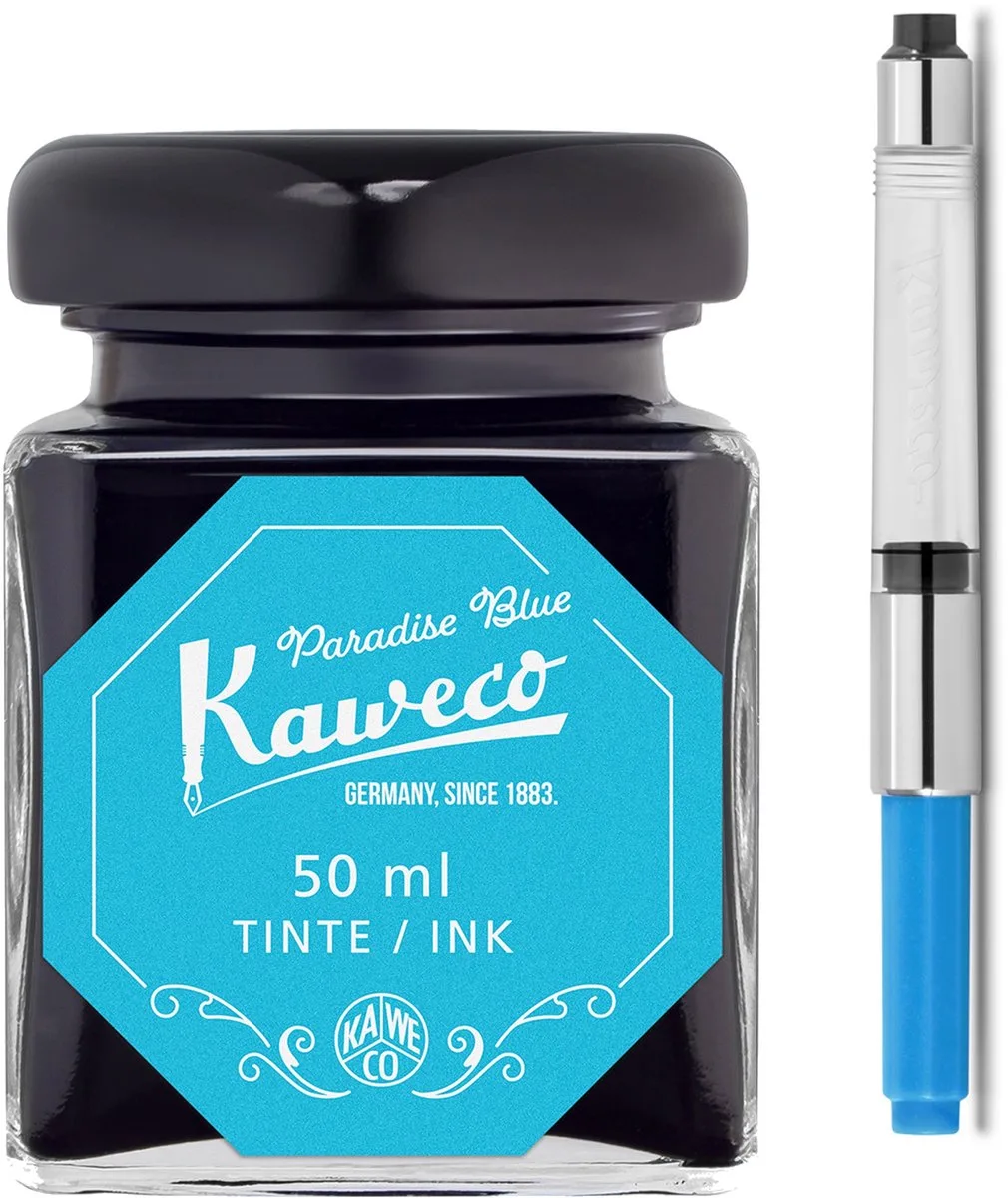 Ink bottle en Standaard Converter - Paradise Blue - potje vulpeninkt - Turkoise originele Kaweco-inkt in 50 ml glas - Converter met turkoise achterkant fra Kaweco i Blå – produktbillede