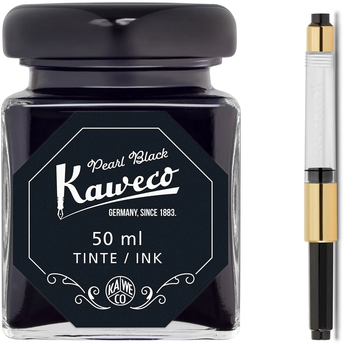 Ink bottle en Standaard Converter - Pearl Black - potje vulpeninkt - Zwarte originele Kaweco-inkt in 50 ml glas - Converter gold met zwarte achterkant fra Kaweco i Sort – produktbillede