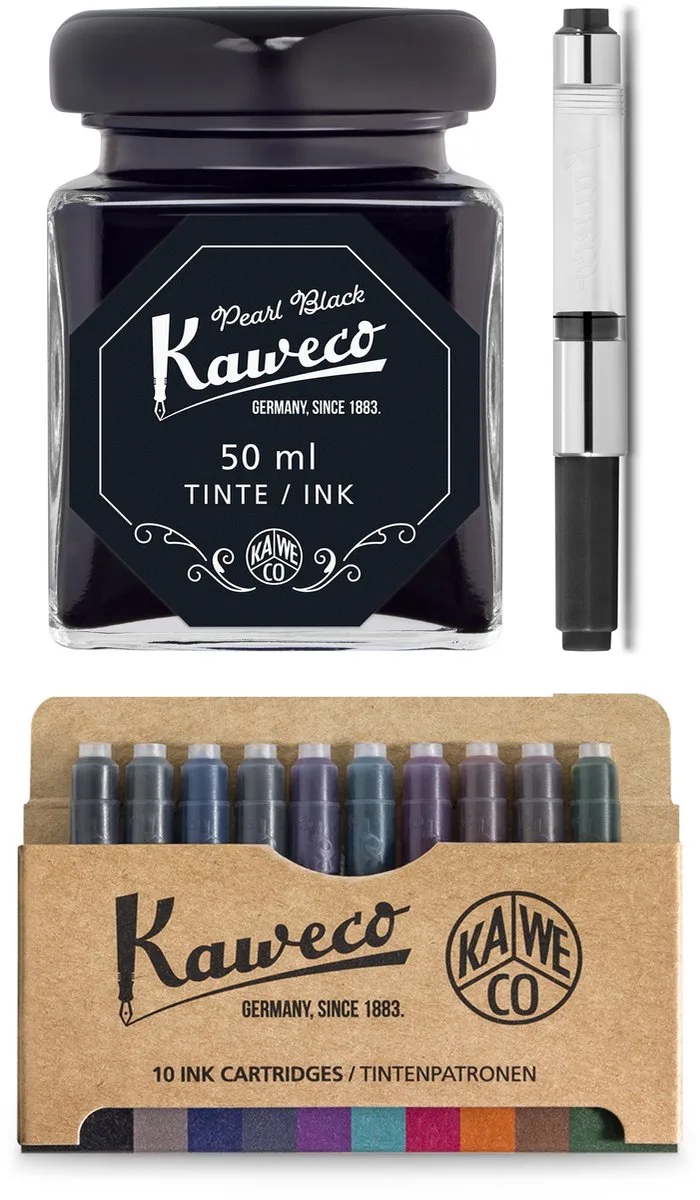 Ink bottle en Standaard Converter - Pearl Black - potje vulpeninkt - Zwarte originele Kaweco-inkt in 50 ml glas - Converter met zwarte achterkant - doosje 10 patronen fra Kaweco i Sort – produktbillede