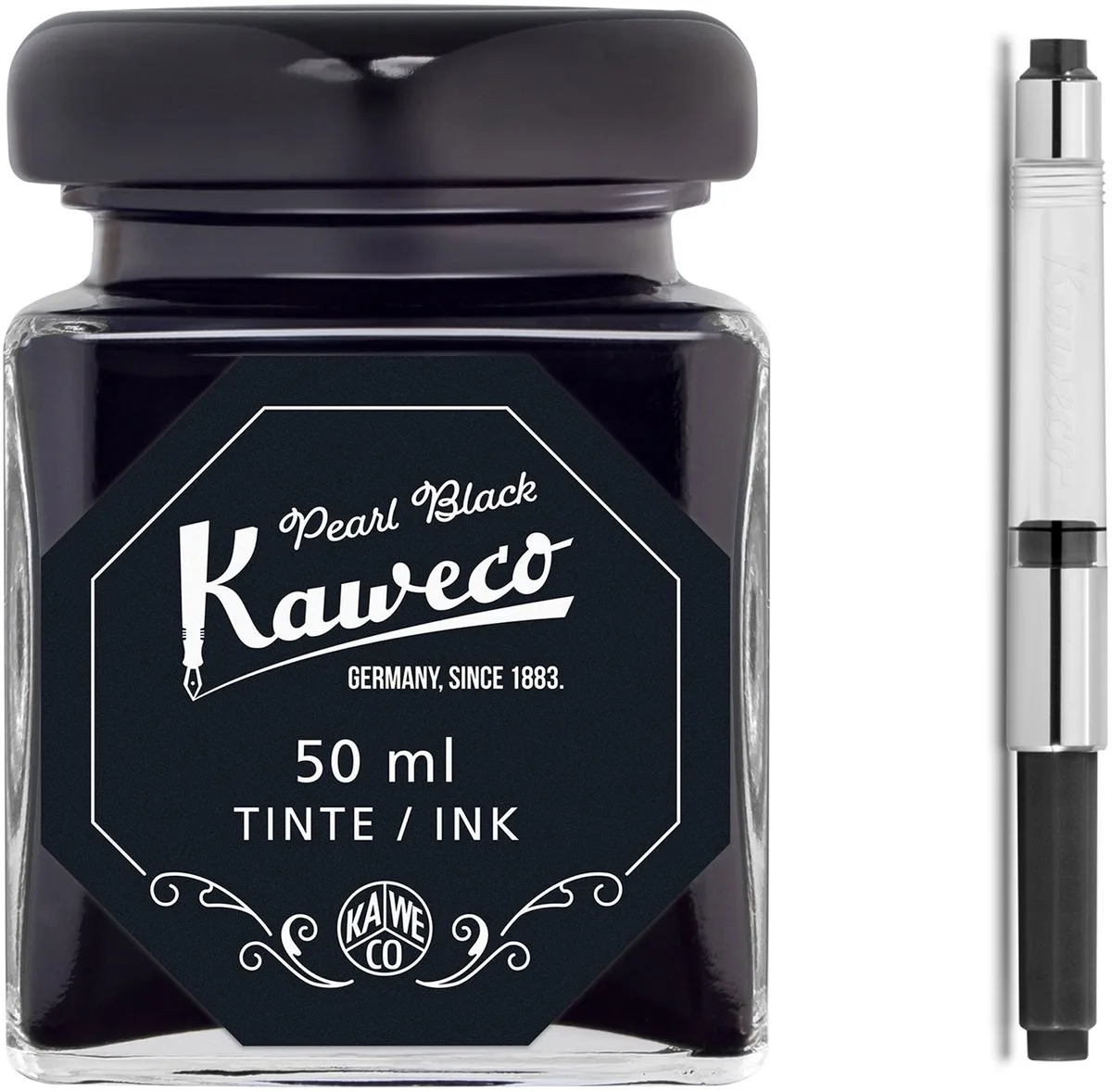 Ink bottle en Standaard Converter - Pearl Black - potje vulpeninkt - Zwarte originele Kaweco-inkt in 50 ml glas - Converter met zwarte achterkant fra Kaweco i Sort – produktbillede