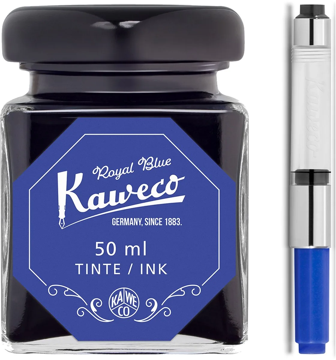 Ink bottle en Standaard Converter - Royal Blue - potje vulpeninkt - Blauwe originele Kaweco-inkt in 50 ml glas - Converter met blauwe achterkant fra Kaweco i Blå – produktbillede