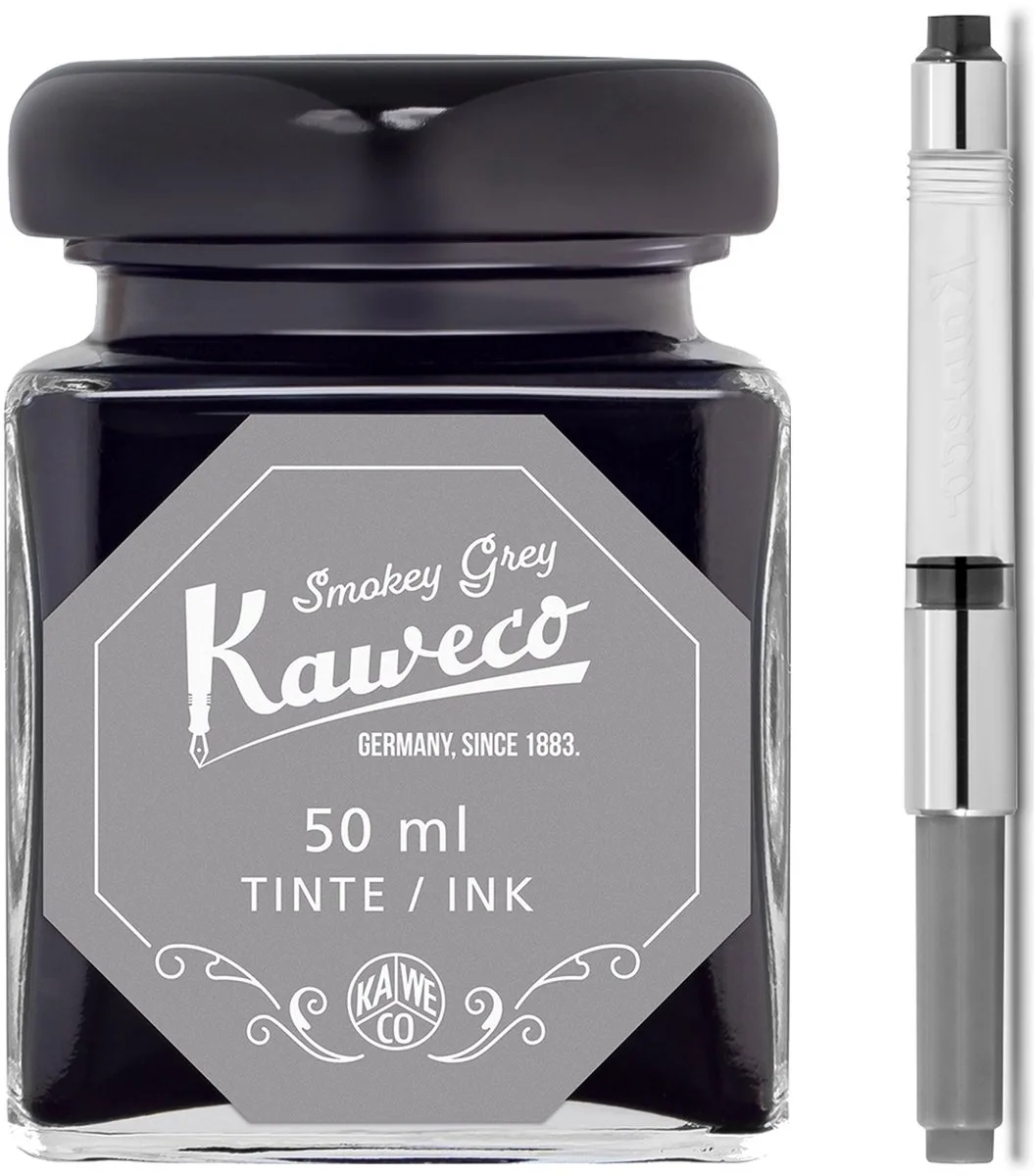 Ink bottle en Standaard Converter - Smokey Grey - potje vulpeninkt - Grijze originele Kaweco-inkt in 50 ml glas - Converter met grijze achterkant fra Kaweco i Grå – produktbillede