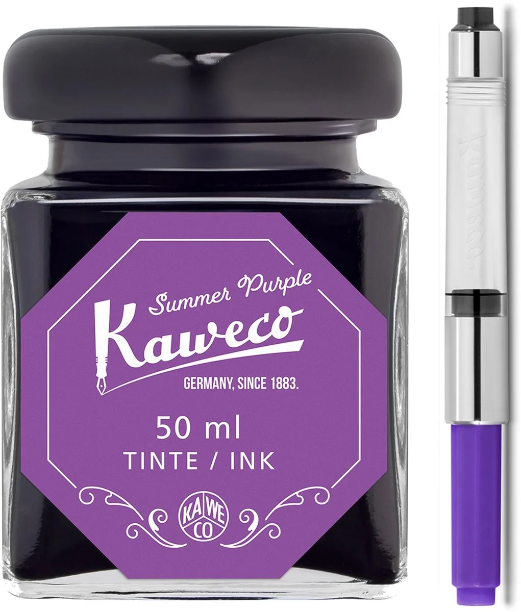 Ink bottle en Standaard Converter - Summer Purple - potje vulpeninkt - Paarse originele Kaweco-inkt in 50 ml glas - Converter met paarse achterkant fra Kaweco i Lilla – produktbillede
