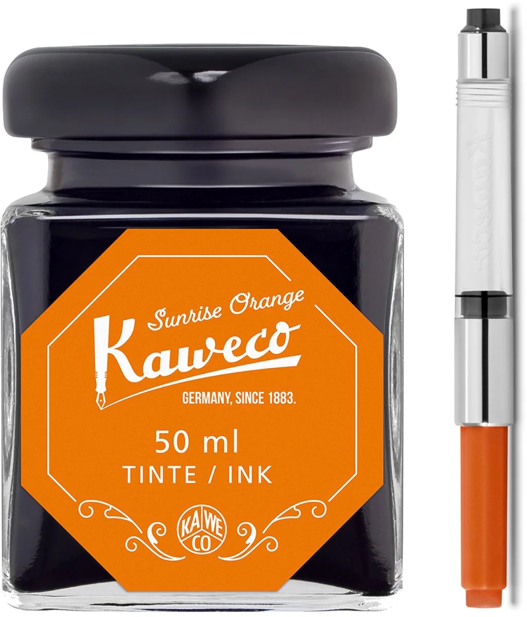 Ink bottle en Standaard Converter - Sunrise Orange - potje vulpeninkt - oranje originele Kaweco-inkt in 50 ml glas - Converter met oranje achterkant fra Kaweco i Orange – produktbillede