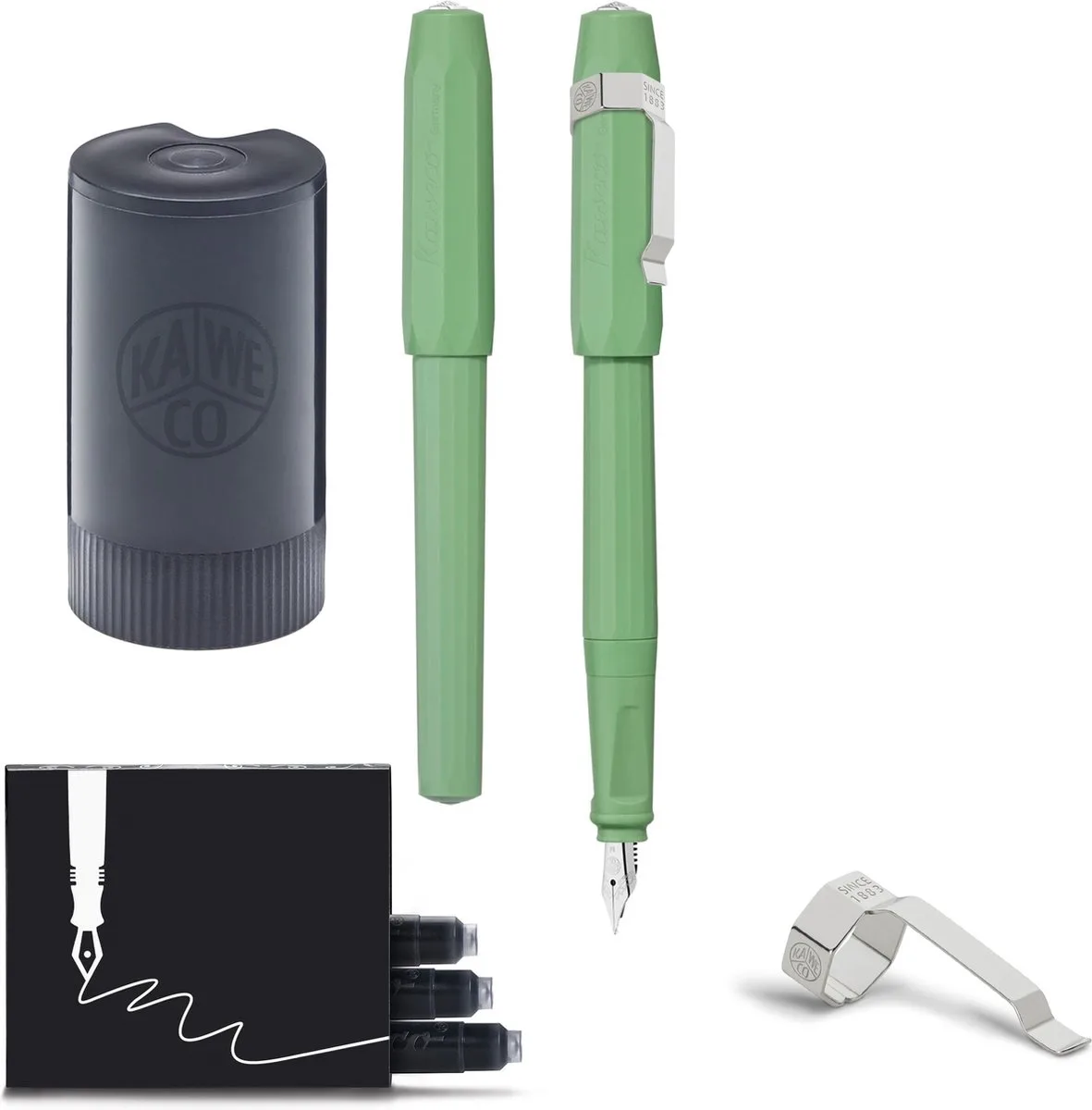 Kaweco - 1 Vulpen met Clip - Jungle Green - Medium - Zwarte Twister - Doosje vullingen fra Kaweco i Lysegrøn – produktbillede