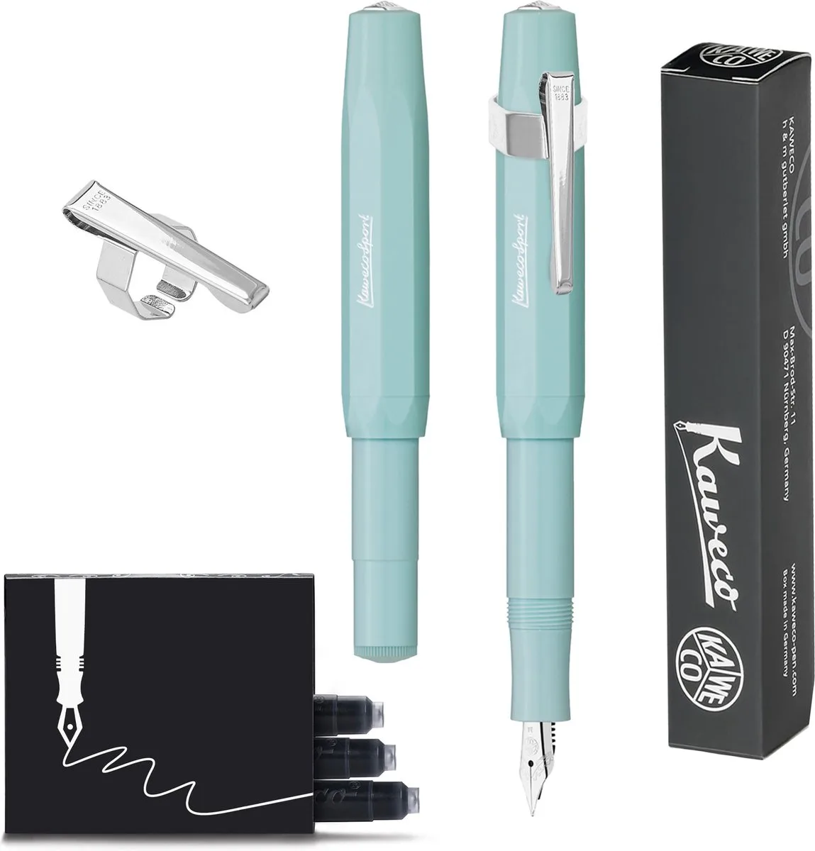 Kaweco - 1 Vulpen Sport Skyline Fountain Pen - Extra Fine - Oktogonal Clip Chrome - doosje vullingen van Kaweco in Mint – productfoto