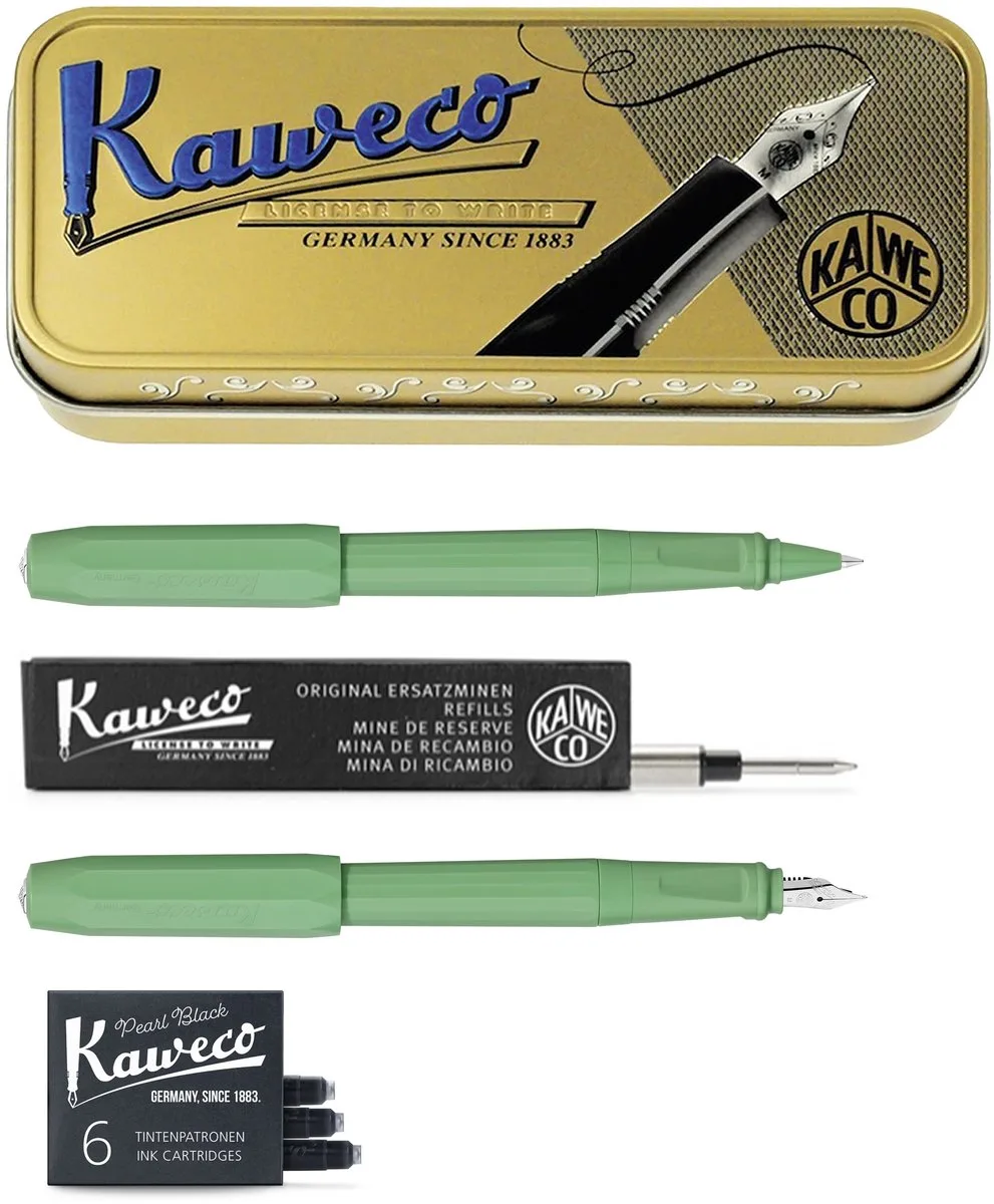 Pennenset - Perkeo Jungle Vulpen FINE - Doosje vulpen inkt - Rollerbalpen - Zwarte vulling de Kaweco en Vert – photo produit