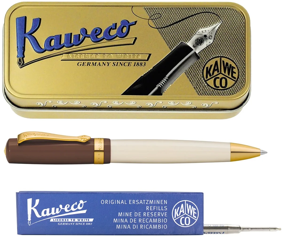 set - Balpen - Student 20's Jazz - in vintage blikje - doosje G2 Blauwe balpenvulling van Kaweco in Bruin – productfoto