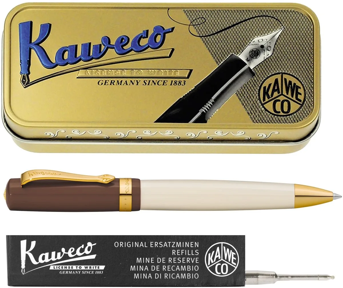 set - Balpen - Student 20's Jazz - in vintage blikje - doosje G2 zwarte balpenvulling van Kaweco in Bruin – productfoto