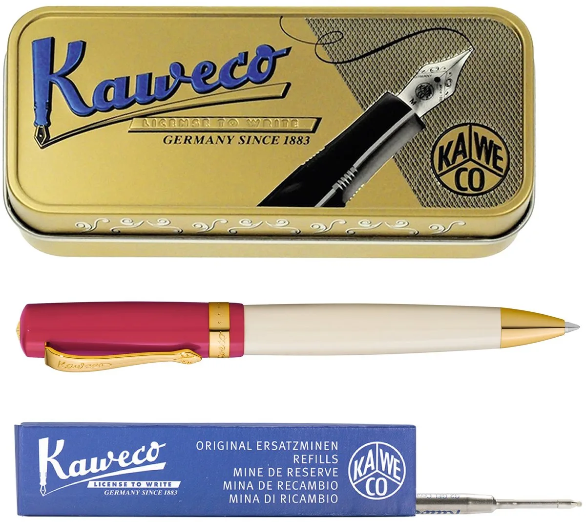 set - Balpen - Student 30's Blues - Cerise in vintage blikje - doosje G2 Blauwe balpenvulling van Kaweco in Rood – productfoto