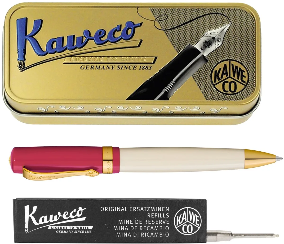 set - Balpen - Student 30's Blues - Cerise in vintage blikje - doosje G2 zwarte balpenvulling van Kaweco in Rood – productfoto