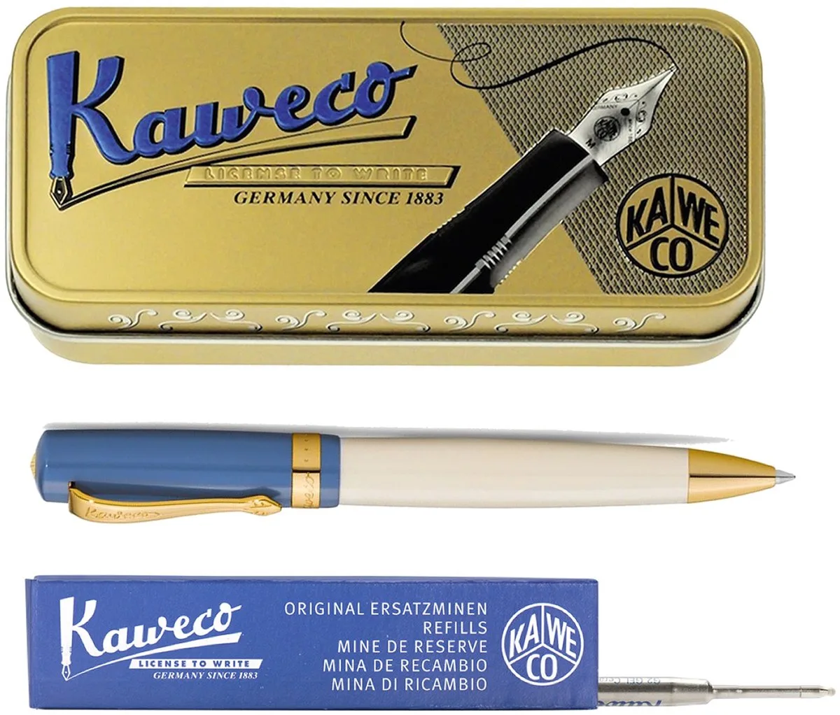 set - Balpen - Student 50's Rock - in vintage blikje - doosje G2 Blauwe balpenvulling van Kaweco in Blauw – productfoto