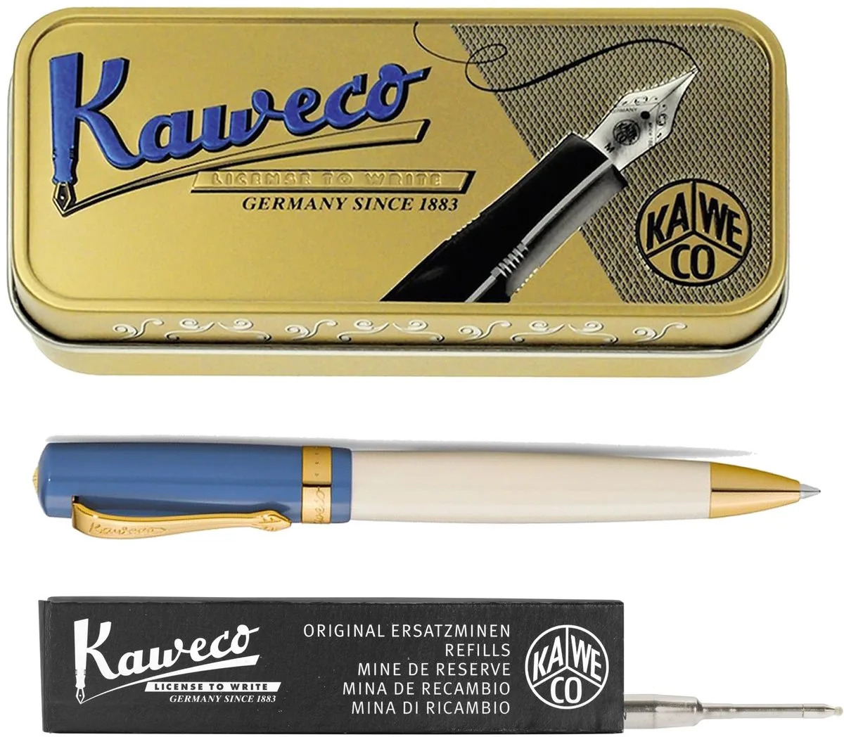 set - Balpen - Student 50's Rock - in vintage blikje - doosje G2 zwarte balpenvulling van Kaweco in Blauw – productfoto