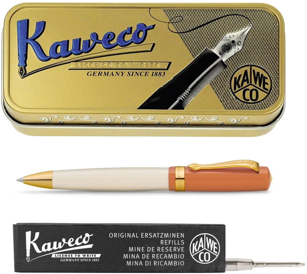set - Balpen - Student 70's Soul - in vintage blikje - doosje G2 zwarte balpenvulling de Kaweco en Orange – photo produit