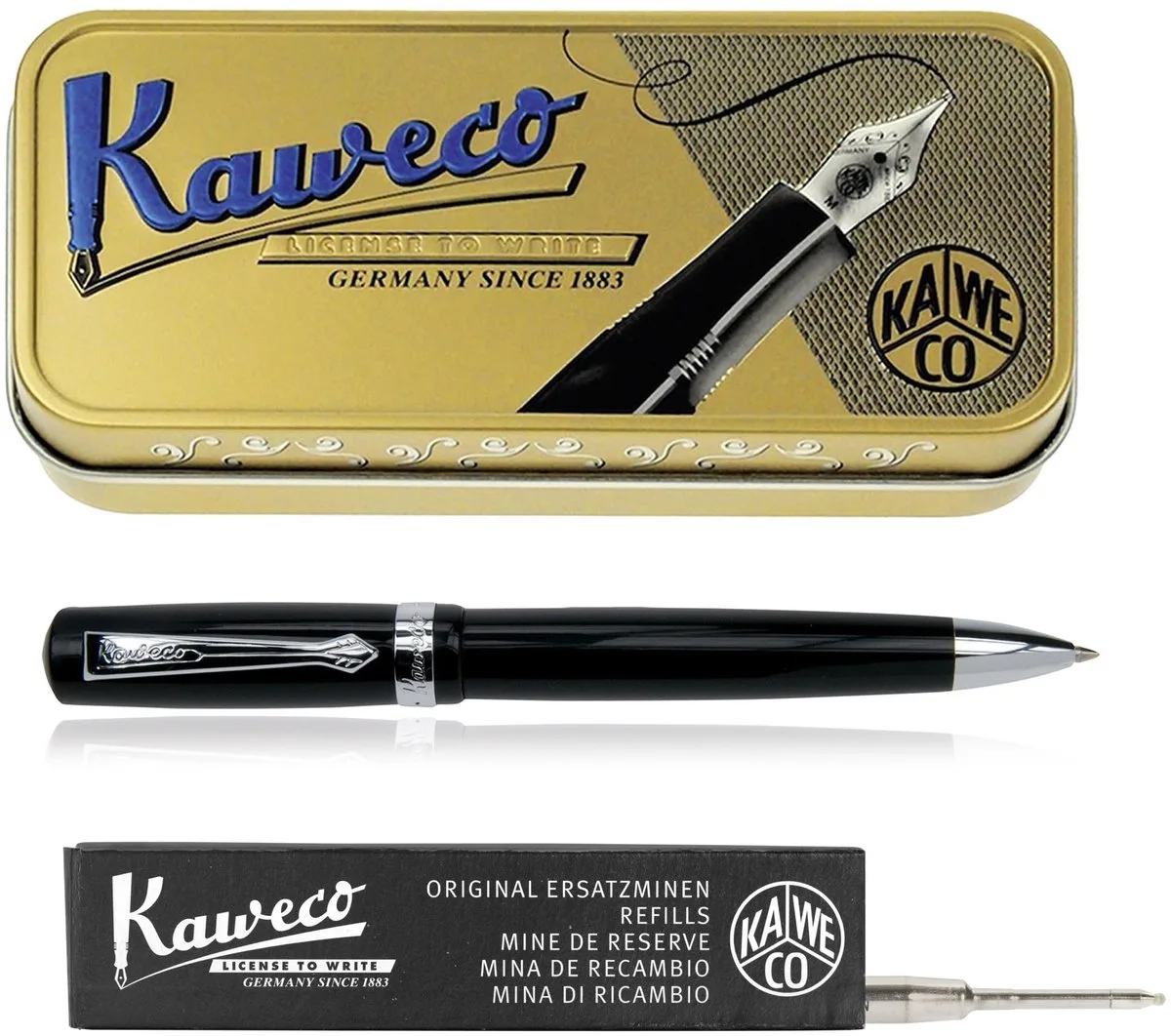 set - Balpen - Student - in vintage blikje - doosje G2 zwarte balpenvulling van Kaweco in Zwart – productfoto