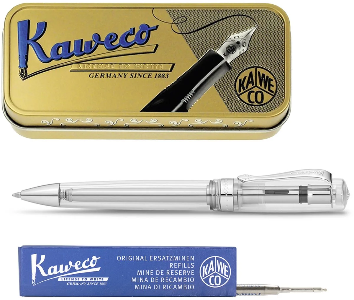 set - Balpen - Student - Transparent in vintage blikje - doosje G2 Blauwe balpenvulling van Kaweco in Transparant – productfoto