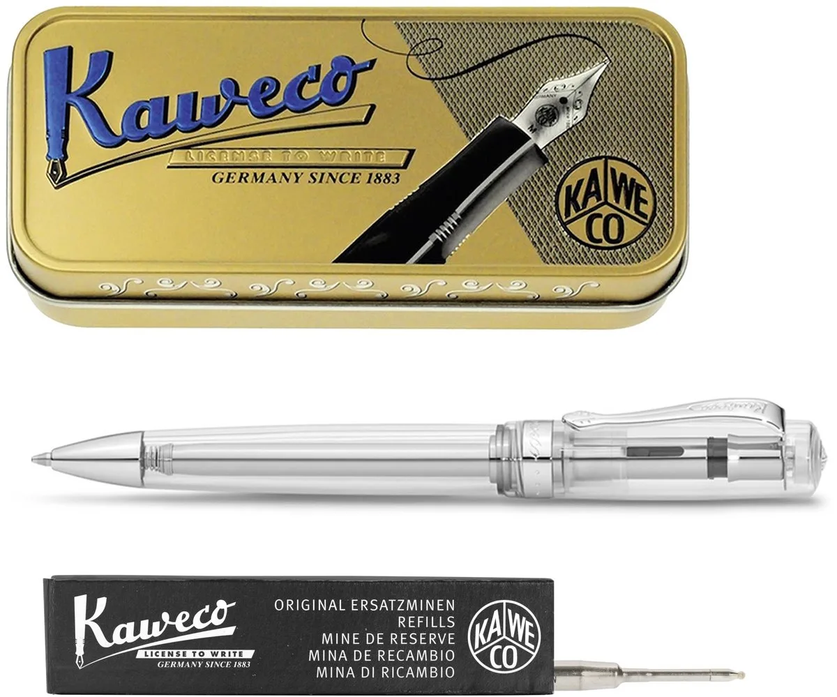 set - Balpen - Student - Transparent in vintage blikje - doosje G2 zwarte balpenvulling van Kaweco in Transparant – productfoto