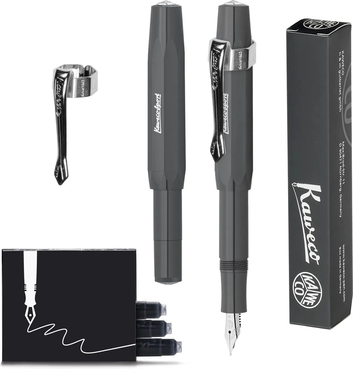 Vulpen (3delig) - Vulpen Sport Skyline Fountain Pen - Breed - Nostalgic Octagonal Clip Chrome - doosje vullingen van Kaweco in Grijs – productfoto