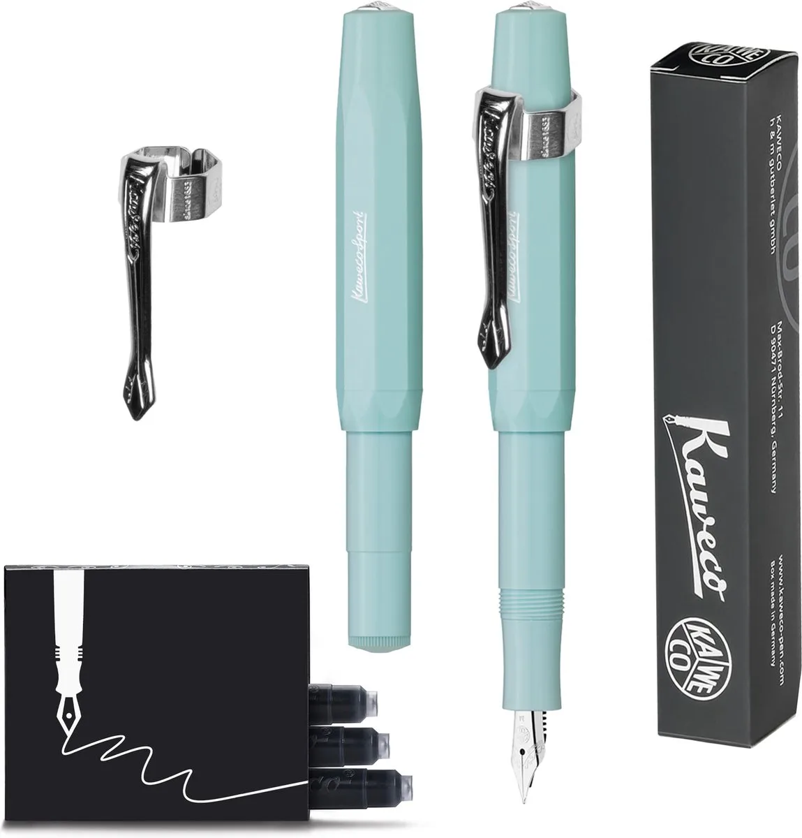 Vulpen (3delig) - Vulpen Sport Skyline Fountain Pen - Fine - Nostalgic Octagonal Clip Chrome - doosje vullingen van Kaweco in Mint – productfoto