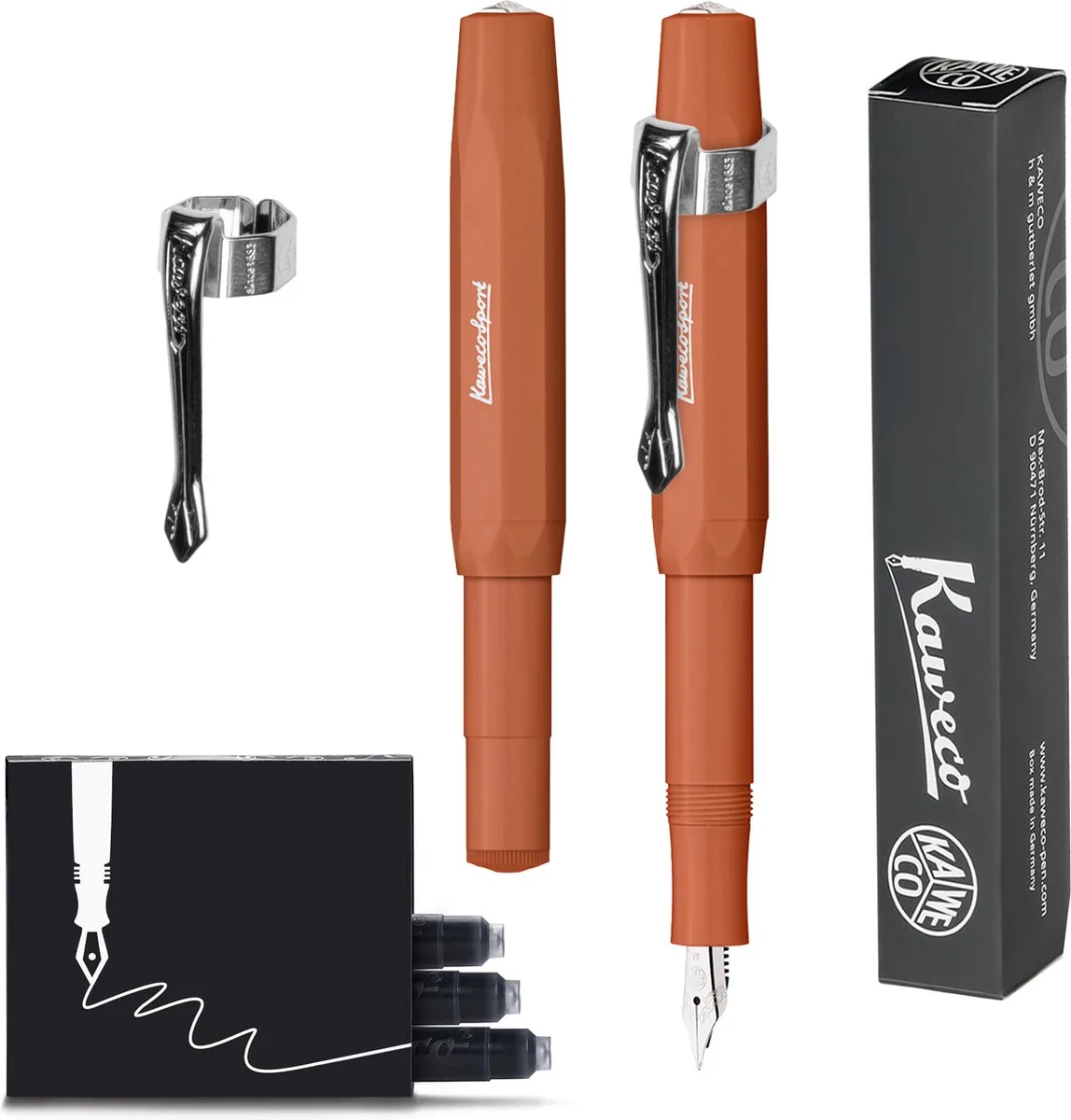 Vulpen (3delig) - Vulpen Sport Skyline FOX Fountain Pen - Breed - Nostalgic Octagonal Clip Chrome - doosje vullingen de Kaweco en Marron – photo produit