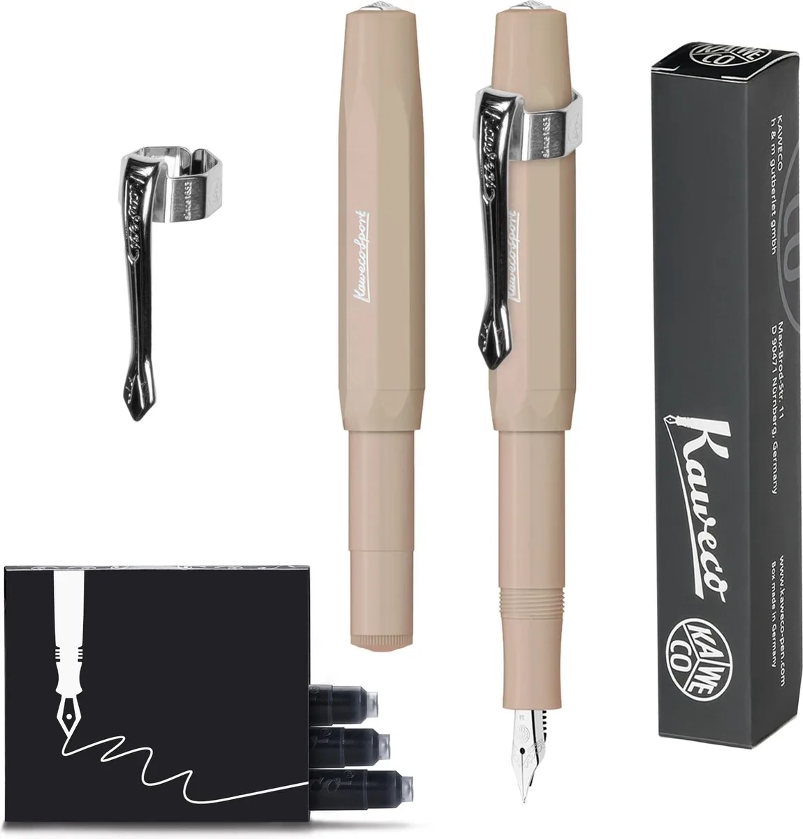 Vulpen (3delig) - Vulpen Sport Skyline Macchiato Fountain Pen - Extra Breed - Nostalgic Octagonal Clip Chrome - doosje vullingen fra Kaweco i Brun – produktbillede