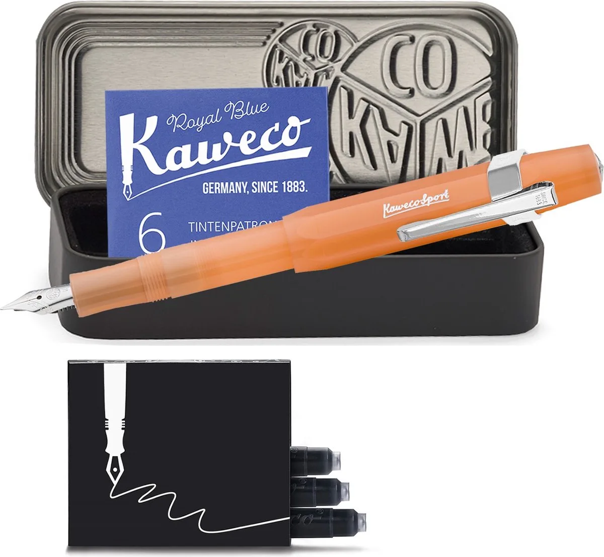 Vulpen - FROSTED SPORT - Fountain Pen - MANDARIN - CLIP CHROME - ZWART BLIKJE - (B) BREED - Extra doosje vullingen (1 vulpen) by Kaweco in Orange – product photo