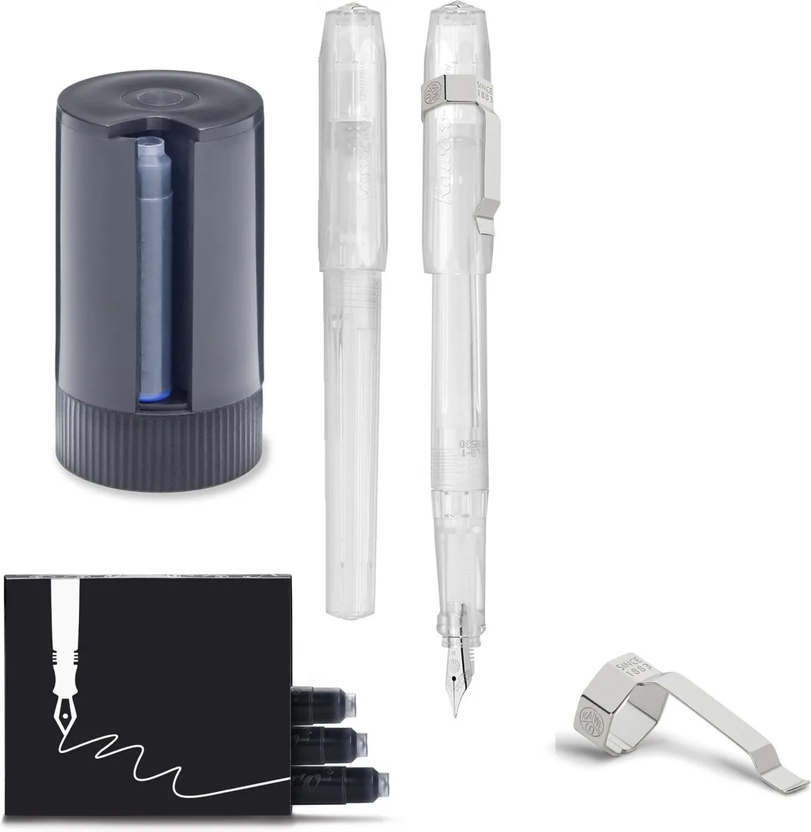 Vulpen met Clip - Perkeo All Clear - Doorzichtig - Fine - Dispenser Twister 8 blauwe cartridges - Doosje vullingen fra Kaweco i Gennemsigtig – produktbillede