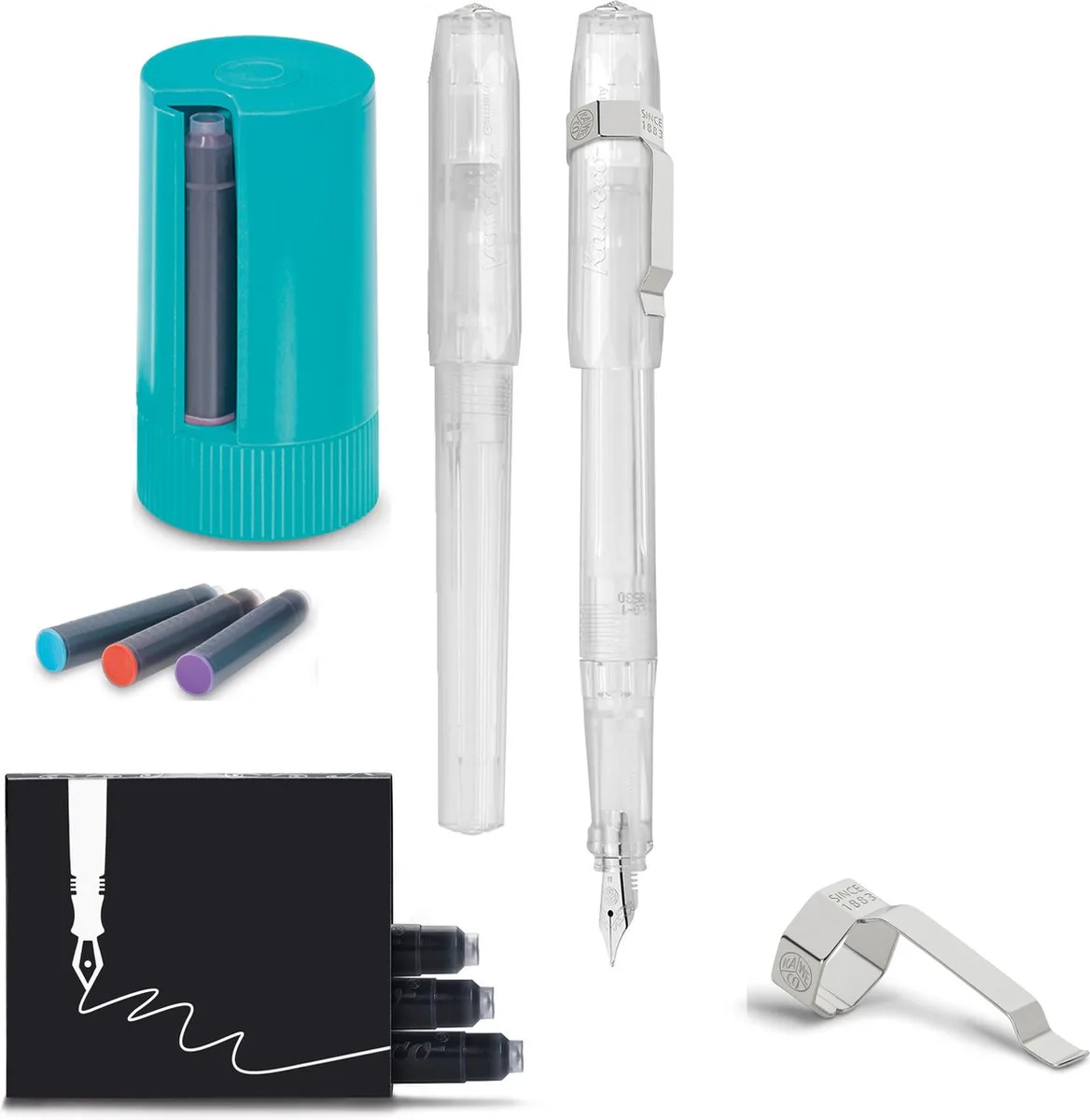 Vulpen met Clip - Perkeo All Clear - Doorzichtig - Fine - Turkoise Twister - Doosje vullingen de Kaweco en Transparent – photo produit