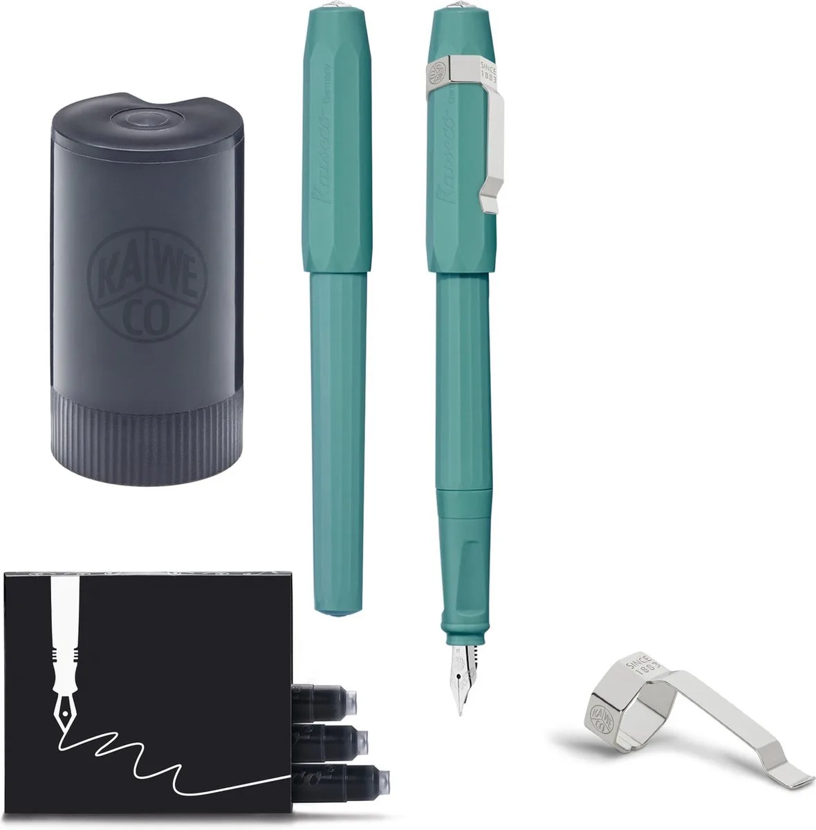 Vulpen met Clip - Perkeo Breezy Teal - Medium - Dispenser Twister 8 blauwe cartridges - Doosje vullingen by Kaweco in Green – product photo