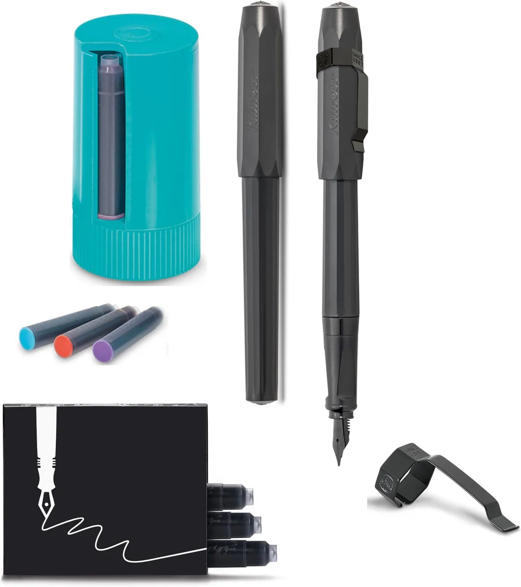Vulpen met Clip - Perkeo - MEDIUM - Turkoise Twister - Doosje vullingen van Kaweco in Zwart – productfoto