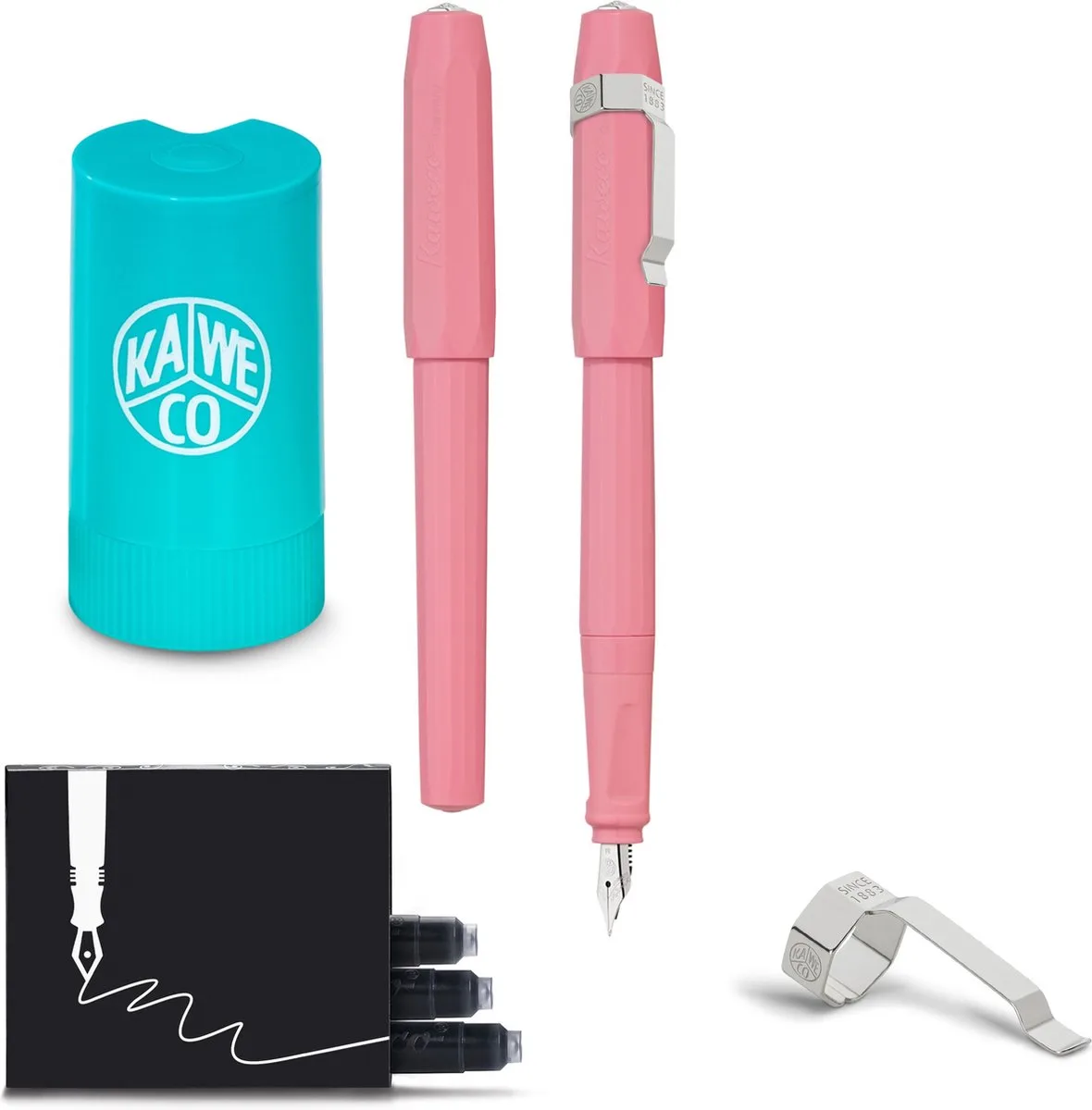 Vulpen met Clip - Perkeo Peony Blossom - Medium - Dispenser Twister 8 gekleurd cartridge - Doosje vullingen van Kaweco in Roze – productfoto