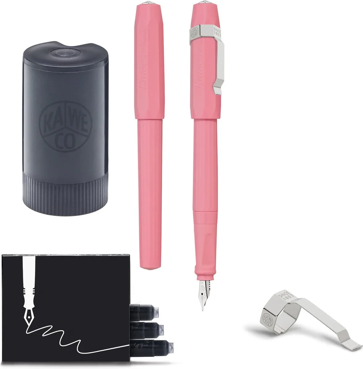 Vulpen met Clip - Perkeo Peony Blossom - Medium - Dispenser Twister 8 blauwe cartridges- Doosje vullingen by Kaweco in Pink – product photo