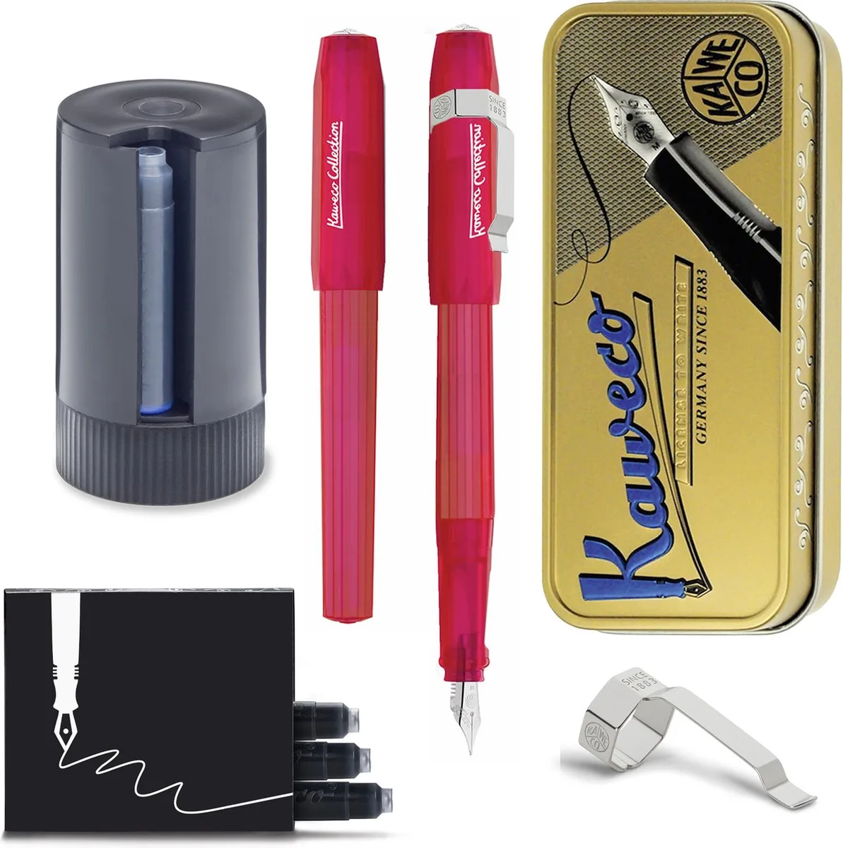 Vulpen Perkeo INFRARED - FINE - Tin Box long - Clip Silver - Dispenser Twist & Out silver with 8 blue cartridges - doosje zwarte Vulpeninkt by Kaweco in Fluoriserend – product photo