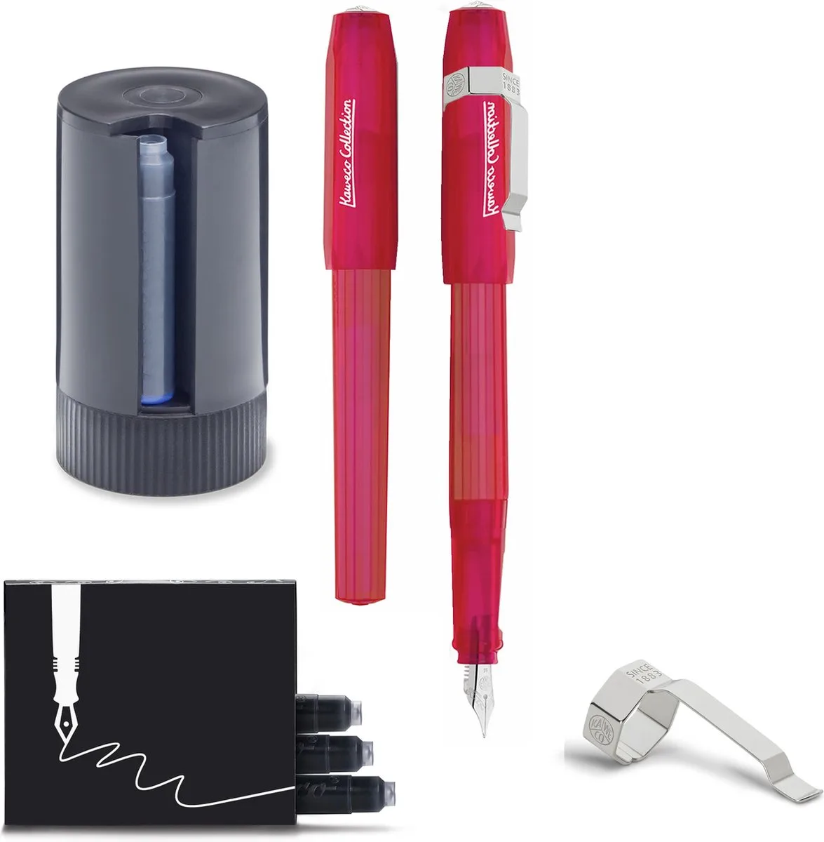 Vulpen Perkeo INFRARED - MEDIUM - Clip Silver - Dispenser Twist & Out silver with 8 blue cartridges - doosje zwarte Vulpeninkt by Kaweco in Fluoriserend – product photo